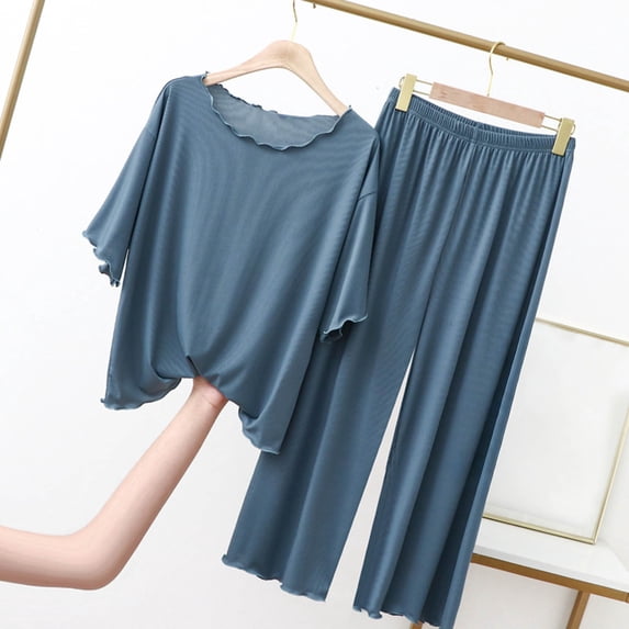 gbyLJF Womens casual Set 2026 Summer 2 Piece Outfits Solid Color Short Sleeve Tops & Wide Leg Pant Matching Sets Clothing