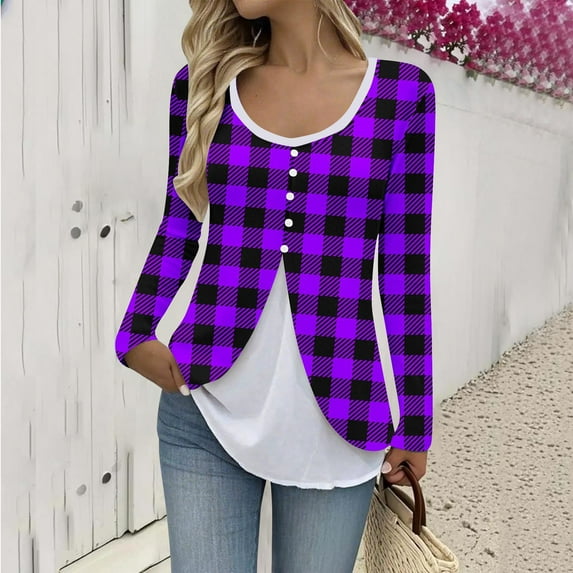 gbyLJF Womens's Plaid Pullover Tops Fake Two-piece Long Sleeve Cinched-waist T-shirts Thin Slim Fit Round Neck Base Layer Shirt