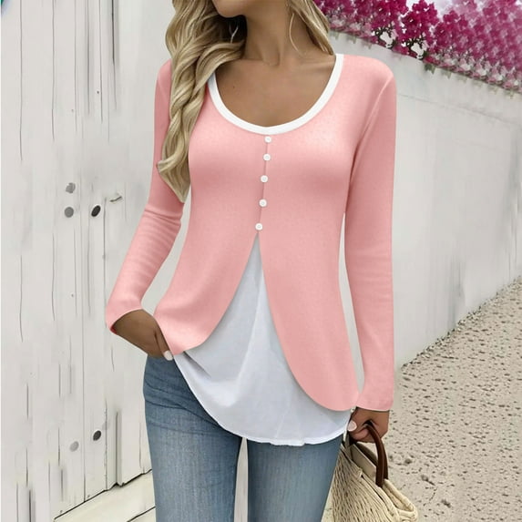 gbyLJF Womens's Solid Color Patchwork Pullover Tops Fake Two-piece Long Sleeve Cinched-waist T-shirts Thin Slim Fit Round Neck Base Layer Shirt