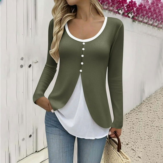 gbyLJF Womens's Solid Color Patchwork Pullover Tops Fake Two-piece Long Sleeve Cinched-waist T-shirts Thin Slim Fit Round Neck Base Layer Shirt