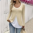 thumbnail image 1 of gbyLJF Womens's Solid Color Patchwork Pullover Tops Fake Two-piece Long Sleeve Cinched-waist T-shirts Thin Slim Fit Round Neck Base Layer Shirt, 1 of 7