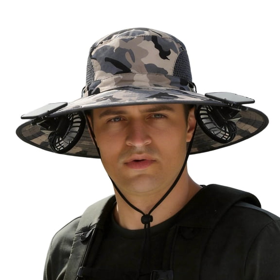 gcong 2-in-1 Hat Fan, Wide Brim Solar Fan Hat-Solar & USB Charging, Outdoor Sun Hat with 2 Fan, UPF50+