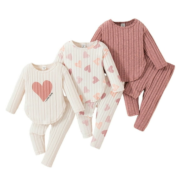 gcong 3 Packs Baby Girl Clothes Fall Outfits 2 Piece Set Heart Print Long Sleeve Ribbed Tops and Pants Toddler Girl Clothes Spring Essentials Valentine's Day Clothing Set
