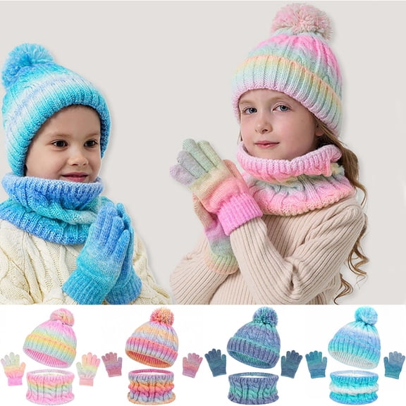 gcong 3-in-1 Hat Scarf Gloves Set for Kid, Winter Knitted Hat Scarf and Gloves Set for Kids with Pom Pom Beanie Gradient Color