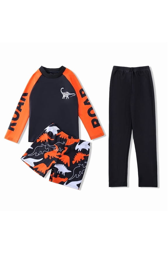Boys 3 Piece Swimsuit Long Sleeve Rash Guard Swim Shirt with Trunks & Pants UPF 50+ Swimwear Orange 7-8 Years