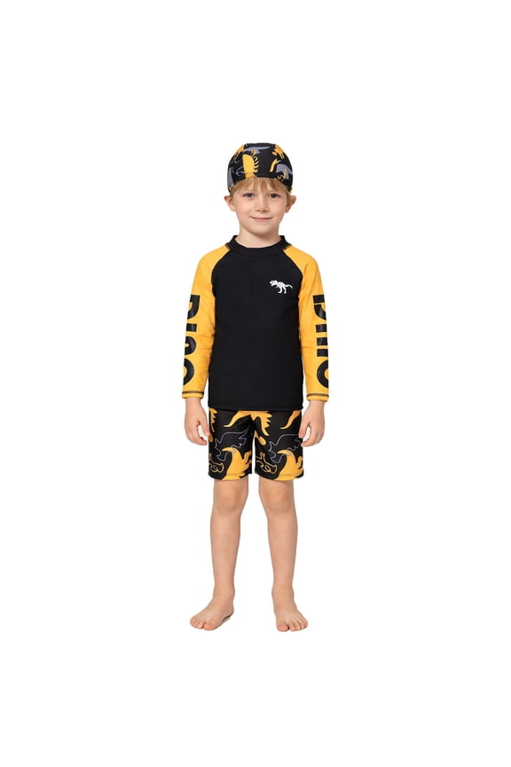 Boys Dinosaur Print Long Sleeve Rash Guard Swim Shirt And Trunks Set with Matching Cap for Sun Yellow 12-24 Months