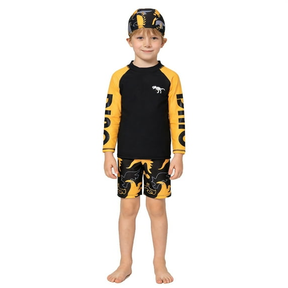 gcong Boys Dinosaur Print Long Sleeve Rash Guard Swim Shirt And Trunks Set with Matching Cap for Sun Yellow 8-9 Years