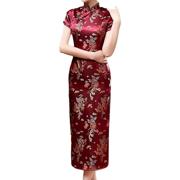 gcong Cheongsam Dress for Women Qipao Slim Fit Short Sleeve Bodycon Mandarin Collar Side Slit Chinese Floral Print Dragon Dress Wedding Guest Dresses for Women Dark Purple