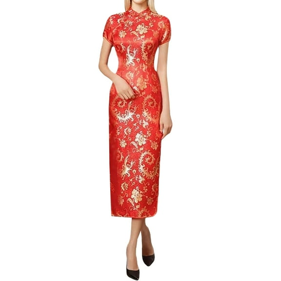 gcong Cheongsam Dress for Women Qipao Slim Fit Short Sleeve Bodycon Mandarin Collar Side Slit Chinese Floral Print Dragon Dress Wedding Guest Dresses for Women Red