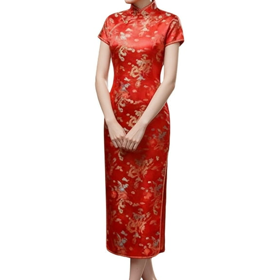 gcong Cheongsam Dress for Women Qipao Slim Fit Short Sleeve Bodycon Mandarin Collar Side Slit Chinese Floral Print Dragon Dress Wedding Guest Dresses for Women Red