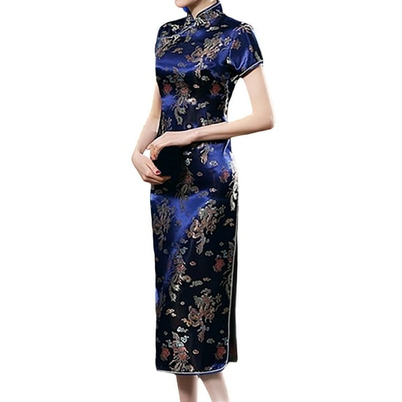 gcong Cheongsam Dress for Women Qipao Slim Fit Short Sleeve Bodycon Mandarin Collar Side Slit Chinese Floral Print Dragon Dress Wedding Guest Dresses for Women Navy