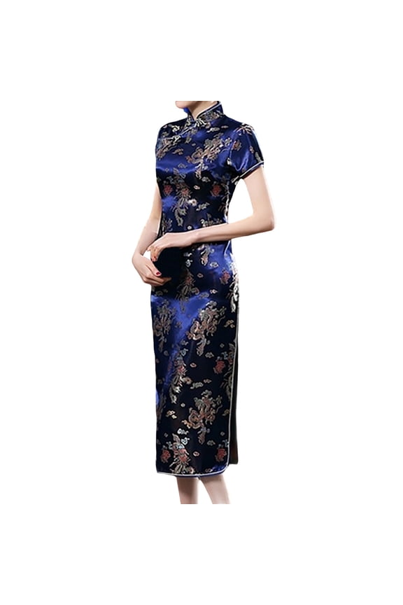 Cheongsam Dress for Women Qipao Slim Fit Short Sleeve Bodycon Mandarin Collar Side Slit Chinese Floral Print Dragon Dress Wedding Guest Dresses for Women Navy
