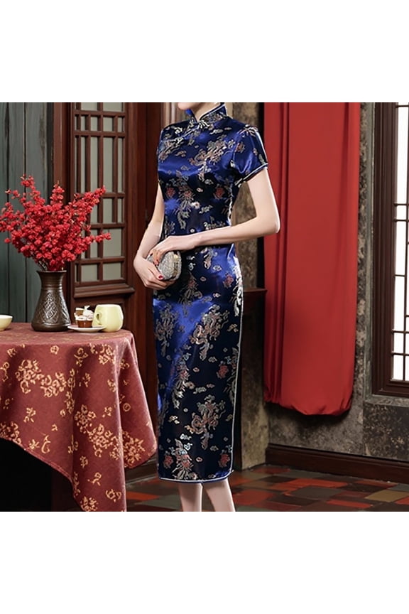 gcong Cheongsam Dress for Women Qipao Slim Fit Short Sleeve Bodycon Mandarin Collar Side Slit Chinese Dress Wedding Guest Dresses for Women