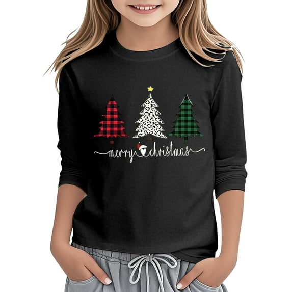 gcong Christmas Shirt for Girl 3/4 Sleeve Crew Neck Xmas Shirt Funny Christmas Tree T-Shirt Santa Christmas Jumper Holiday Long Sleeve Tops Age for 3-12