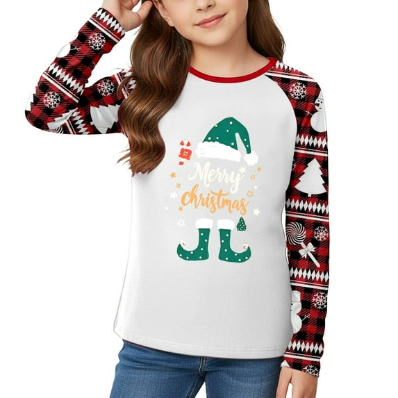 gcong Christmas Shirts for Girls Xmas Tree Print Raglan Long Sleeve Loose Shirts Crew Neck Tops Baggy Snowflake Blouse Size 3-12 Years