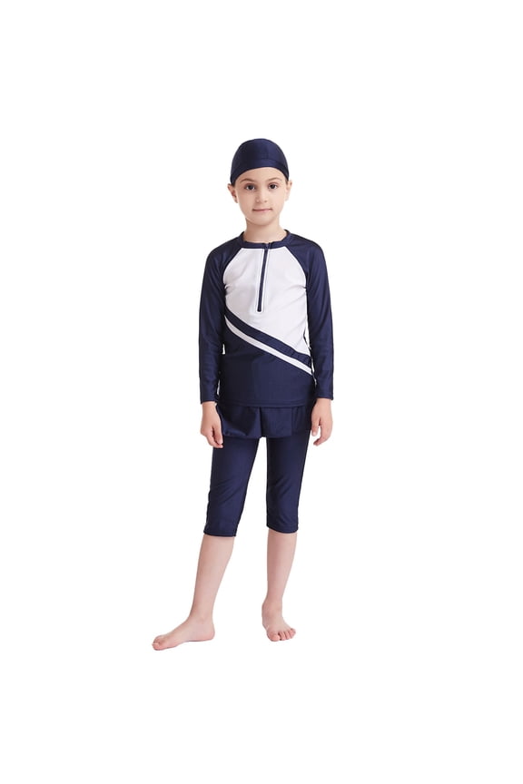 Full Coverage Long Sleeve Swim Dress with Skirt for Girls Sun Swimwear Navy 6-7 Years
