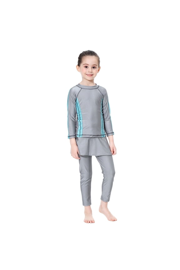 Full Coverage Long Sleeve Swimwear Set for Girls UPF 50 Sun Protective Rash Guard and Swim Pants for Beach Pool Activities Grey 6-7 Years
