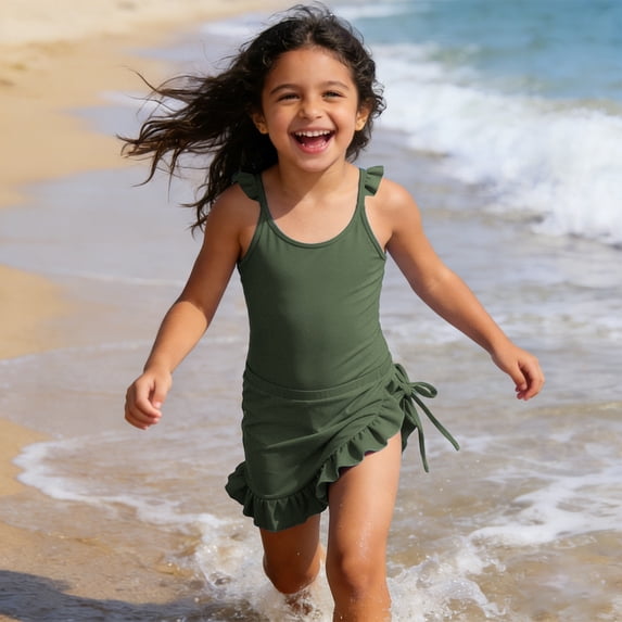 gcong Girl Swimsuit One Piece Girls Solid Color Bathing Suit Adjustable Strap Ruffle Swimwear with Cover Up