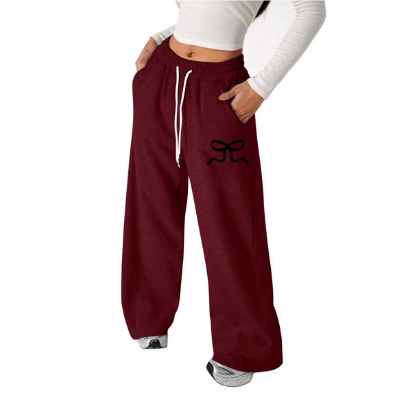 gcong Girls Baggy Sweatpants with Bows Cute Wide Straight Leg Sweat Pants Y2k Joggers with Pockets Preppy Clothes