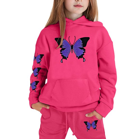 gcong Girls' Clothing Set Butterfly Print Oversized Hoodies Sweatpants 2 Piece Outfits Kids Sweatsuit Tracksuit Jogger Set Hot Pink