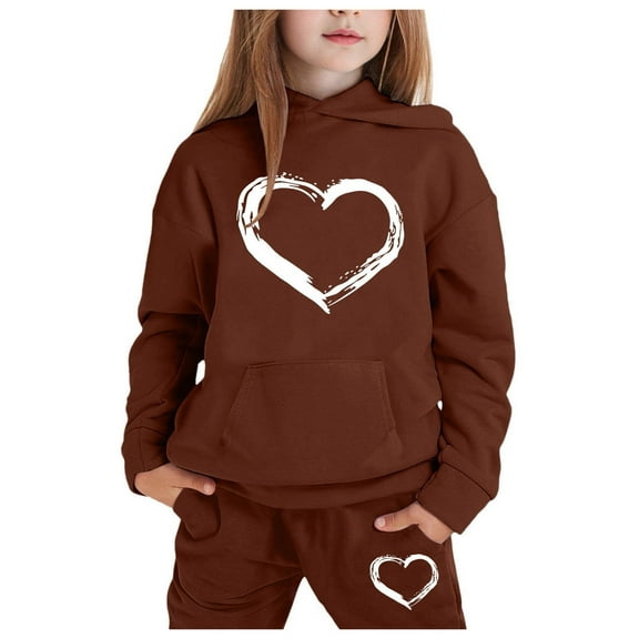 gcong Girls Hoodie and Sweatpants Set Heart Print 2 Piece Outfits for Kids with Hood Fall Casual Sweat Suits Brown