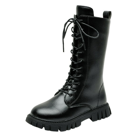gcong Girls Lace Up Riding Boots Mid Calf Combat Boots PU Leather Side Zipper Punk Goth Boot Fall Winter Clothes