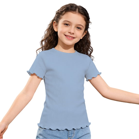 gcong Girls Lettuce Trim Short Sleeve Shirts Summer Ribbed Knit Crewneck Casual T Shirt Tops Tee Blouse Age for 5-12Y