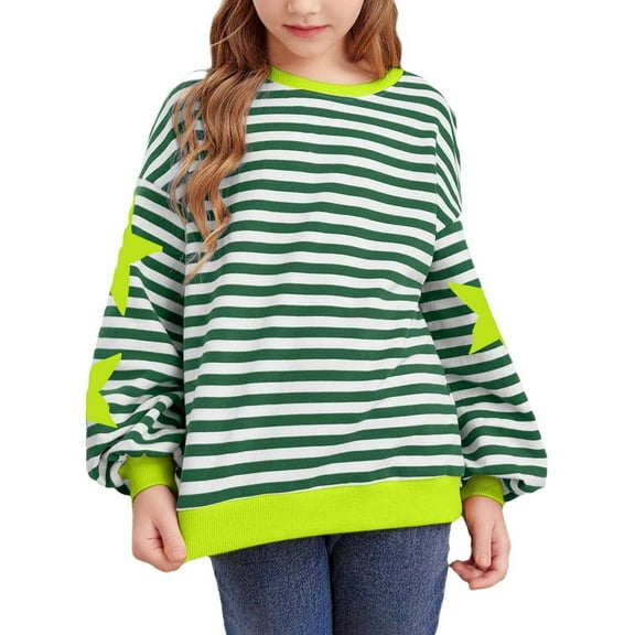 gcong Girls Long Sleeve Shirts, Girls Striped Sweatshirt Loose Pullover Crew Neck Colorblocked Sweater Y2K Trendy Tops Preppy Clothes Green