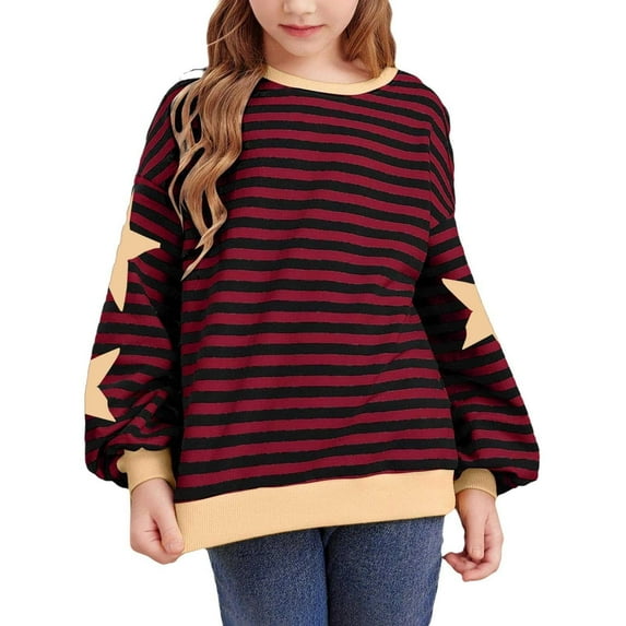 gcong Girls Long Sleeve Shirts, Girls Striped Sweatshirt Loose Pullover Crew Neck Colorblocked Sweater Y2K Trendy Tops Preppy Clothes Wine