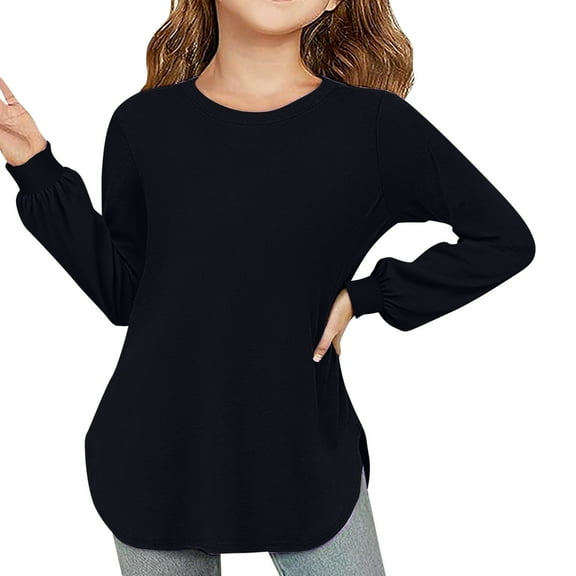 gcong Girls Long Sleeve Shirts Size 8 Kids Curve Hem Side Slit Soft Tunic Tops T-Shirts Long Sleeve Tops for Teen Girls Fall Clothes Black