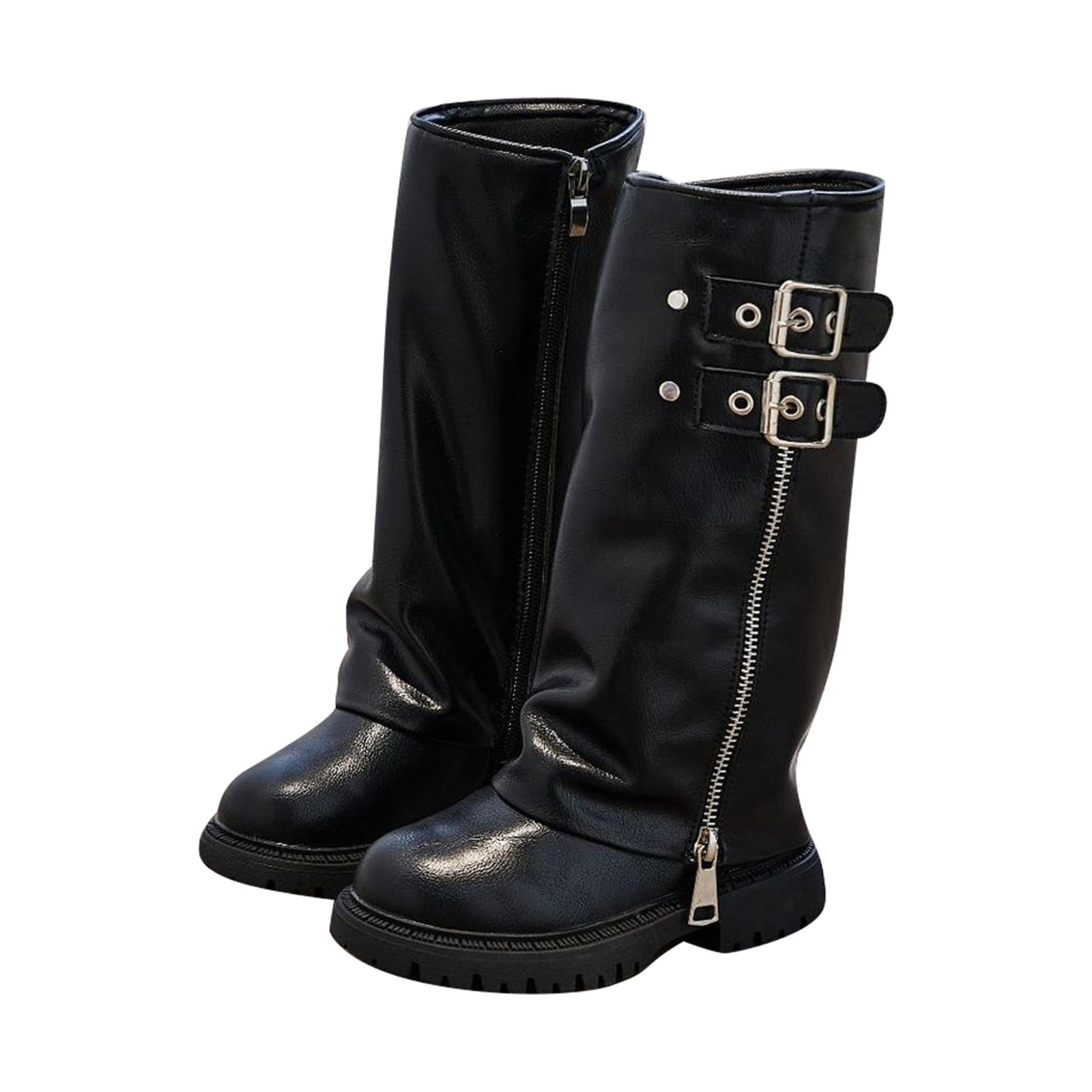 Girls Mid Calf Platform Boots Sole Side Zipper Leather Punk Booties For Teen Youth Kids Fashion Footwear