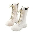 thumbnail image 1 of gcong Girls White Lace-Up Combat Boots with Side Zipper, Knee-High Lug Sole Golden Shoelaces Dress/School Boots, 1 of 6