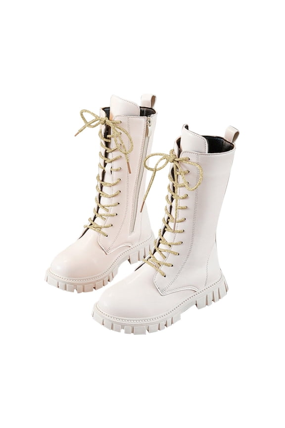 Girls White Lace-Up Combat Boots with Side Zipper, Knee-High Lug Sole Golden Shoelaces Dress/School Boots