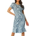 thumbnail image 1 of gcong Jacquard Dress Women Lace Floral Textured Midi Dress Puff Short Sleeve Wedding Guest Bodycon Pencil Dresses Womens Dresses 2025 Sky Blue, 1 of 8