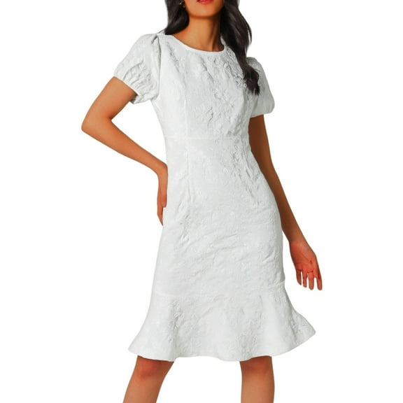 gcong Jacquard Dress Women Lace Floral Textured Midi Dress Puff Short Sleeve Wedding Guest Bodycon Pencil Dresses Womens Dresses 2025 White