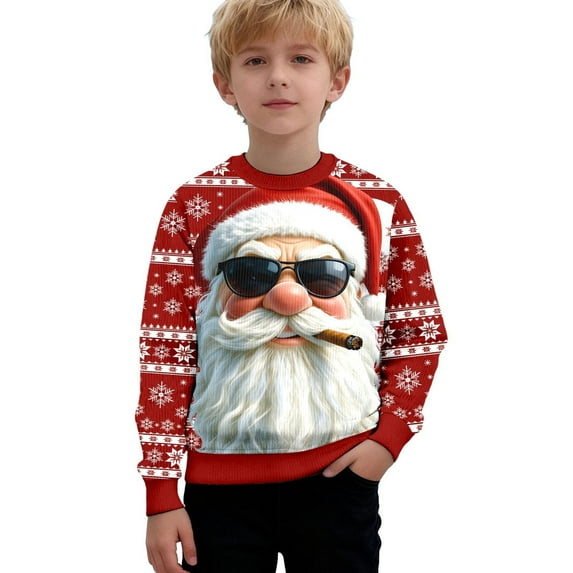 gcong Kids Christmas Santa Sweatshirts Crewneck Pullover Long Sleeve Funny Xmas Print Comfy Winter Sweaters Tops for Boys and Girls Size 3-14 Years