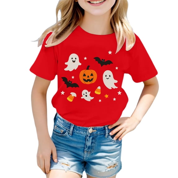 gcong Kids Halloween Shirts Girls and Boys Spooky Season Short Sleeve Tees Cute Tshirts Halloween Casual Festival Party Tops