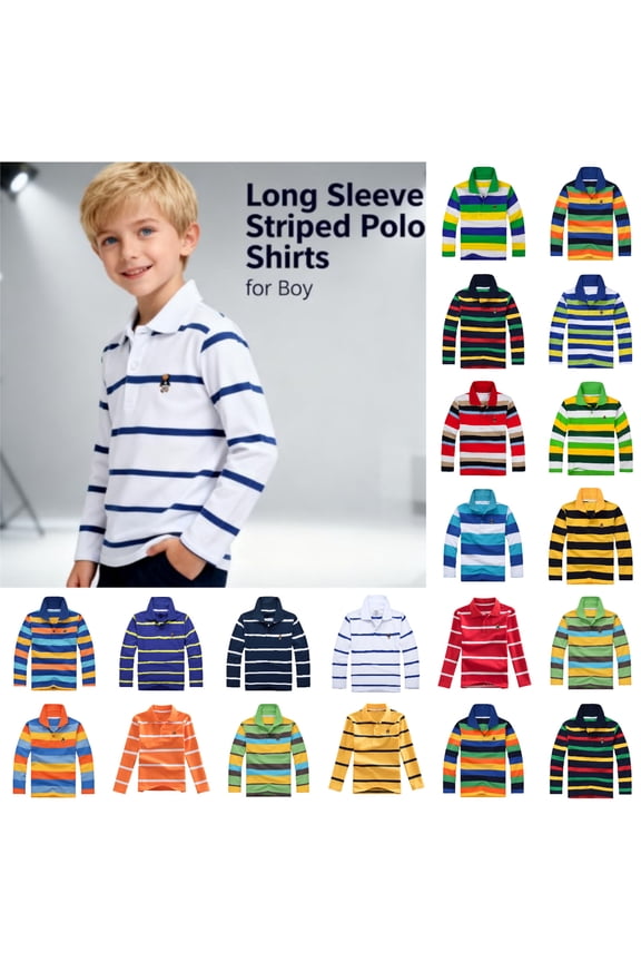 Kids School Uniform Polo Shirts for Boys Striped Long Sleeve Performance Golf T Shirts Active Pullover Tops Clothes