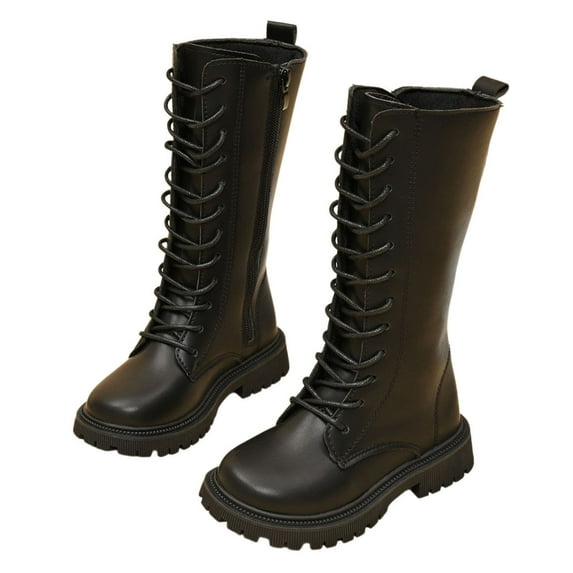 gcong Knee High Boots Girls Lace Up Riding Boots Mid Calf Combat Boots Mid-Calf Solid Color Flat Heel Slouch Boots Cowgirl Boots for Girls Side Zipper Chunky Heels Shoes Princess Shoes