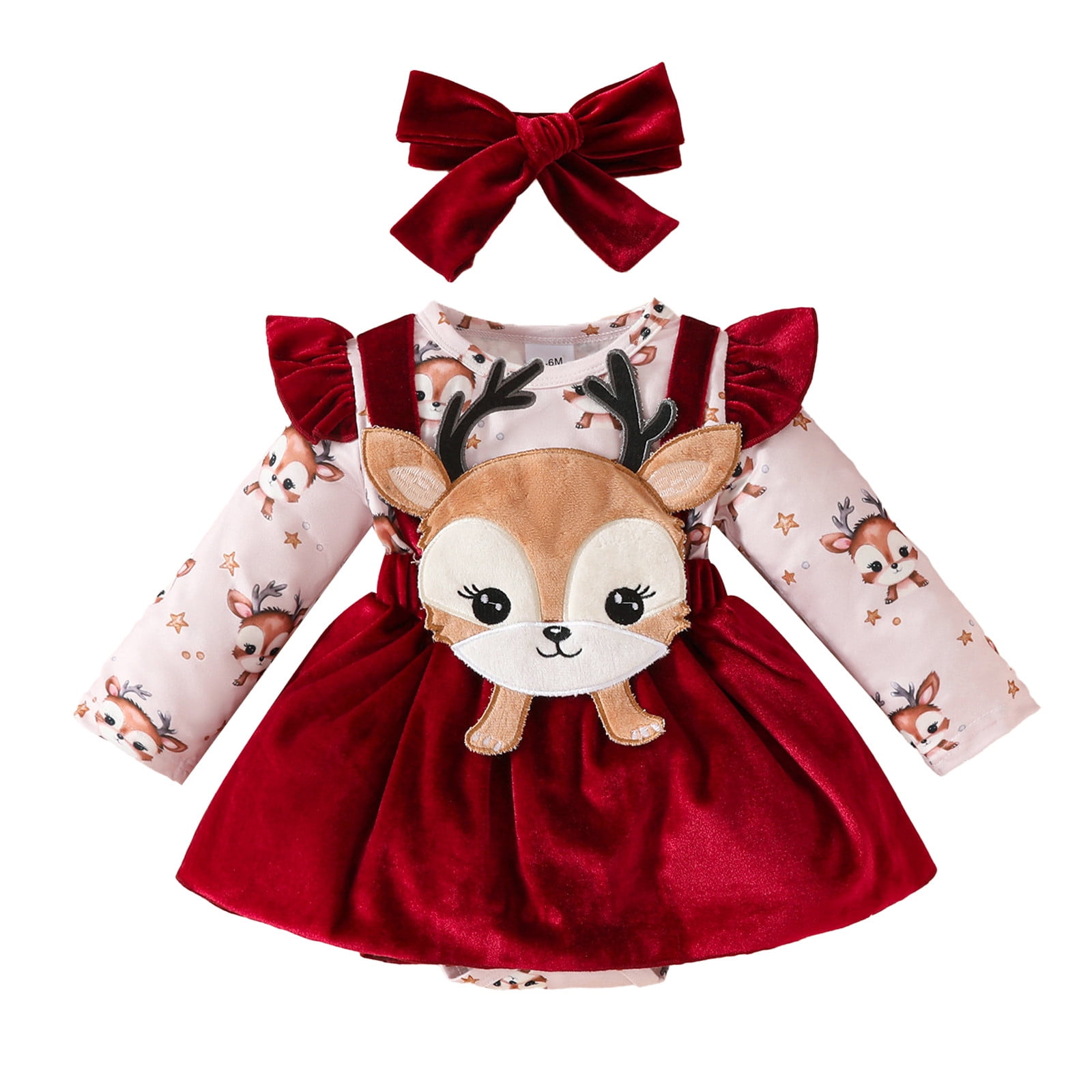 gcong My First Christmas Baby Girl Outfit Long Sleeve Romper Dress Santa Elk Dresses Fall Winter Clothes with Bowtie