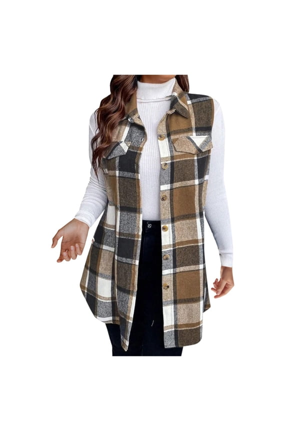 Plaid Vest for Women, Button Down Sleeveless Shirts Lapel Flannel Shacket Fall Long Blazer Jacket Ladies Casual Outwear Loose Cardigan Winter Coats with Pockets