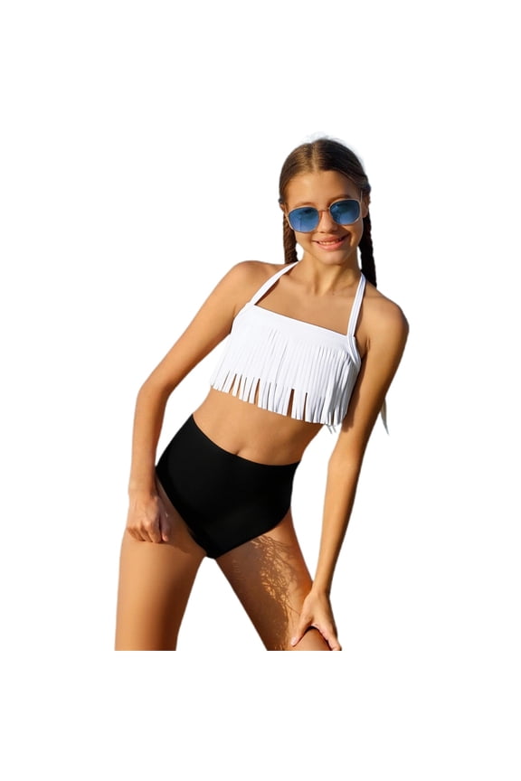 Girls Bikini Two Piece Swimwear with Ruffle Fringe Trim for Summer Beach Pool White 5-6 Years