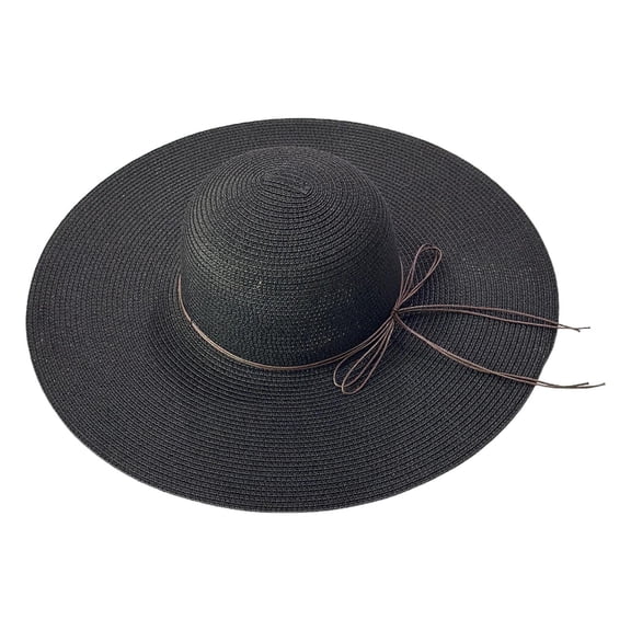 gcong Wide Brim Straw Hat Summer Vacation Woven Hat Large Floppy Sun Cap Foldable Beach Cap with Polyester Rope Black
