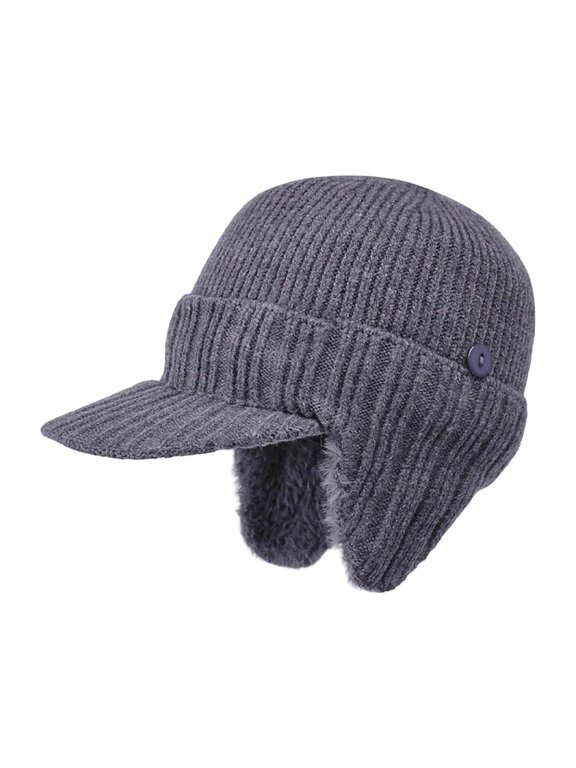 Winter Beanie with Visor Earflaps for Men Women Knit Skull Cap Sport Golf Baseball Beanie Cap with Brim Ear Warmer Winter Hat for Cold Weather Outdoor