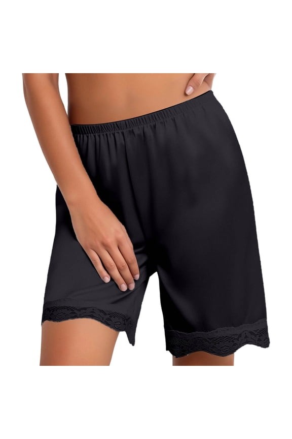 Women Culotte Half Satin Bloomer Pettipants Under Dresses Lace Trim Shorts Elastic Waist Liner Shorts Black L