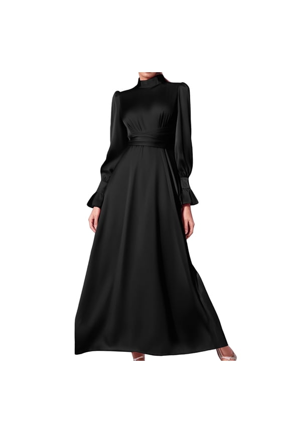 Women Satin Long Dress Temperament Crew Neck Elegant Vintage Slim Long Sleeve Banquet Dresses Fall Wedding Guest Dresses for Women Black