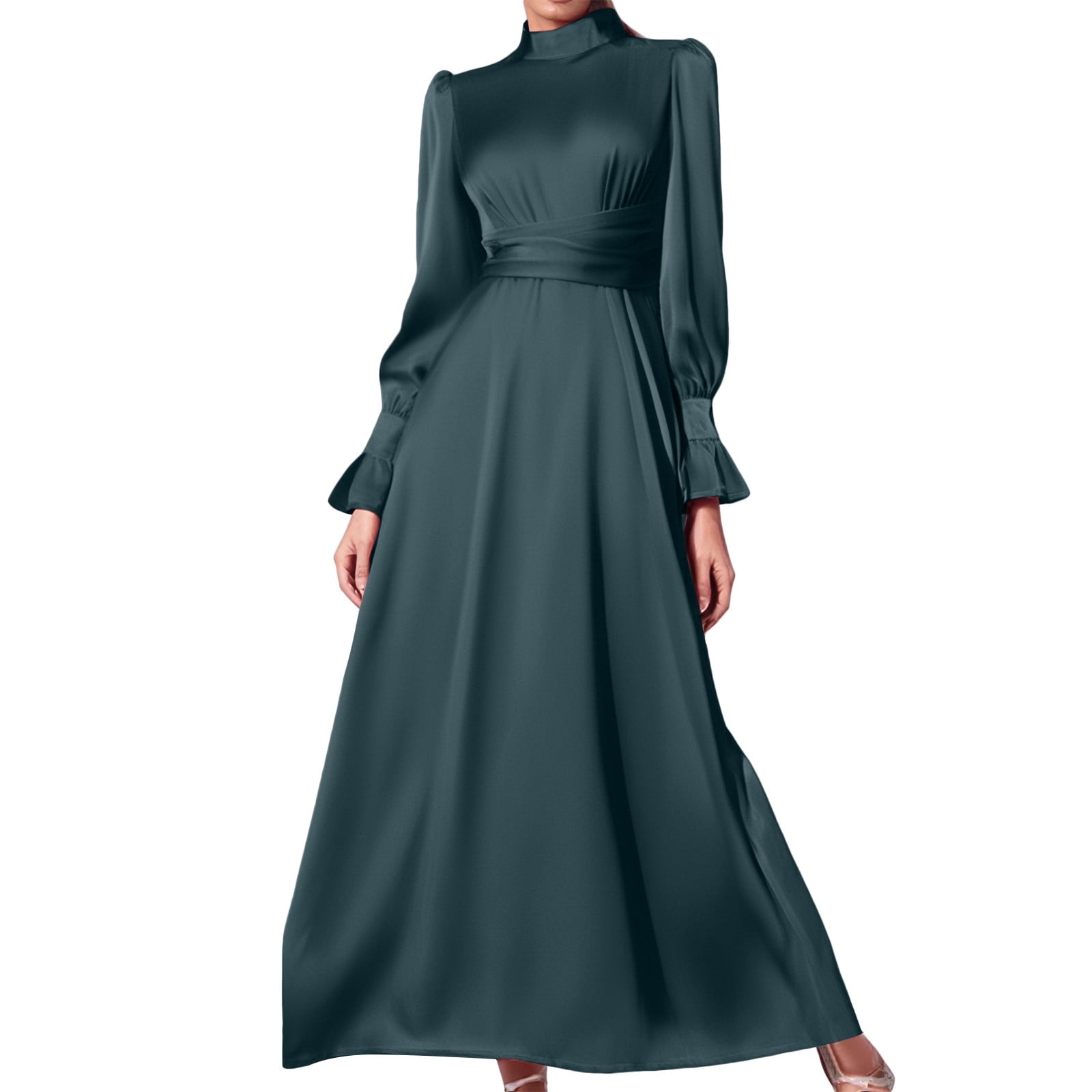 gcong Women Satin Long Dress Temperament Crew Neck Elegant Vintage Slim Long  Sleeve Banquet Dresses Fall Wedding Guest Dresses for Women Dark Green -  Walmart.com