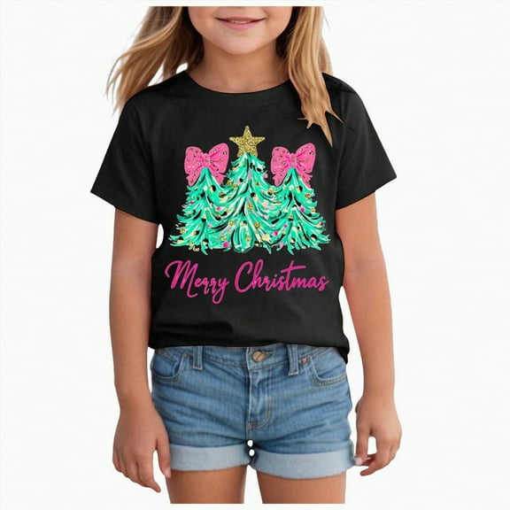 gdxvjhbj Christmas Clothes for Girls Cute Christmas Santa Xmas Kids Toddler T-Shirt(Black,7-8 Years)