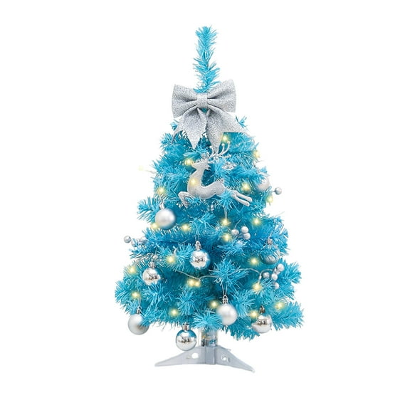 geerera 1.5FT Prelit Blue Christmas Tree, Mini Tabletop Christmas Tree with Ball & Bow Ornaments for Holiday Decor