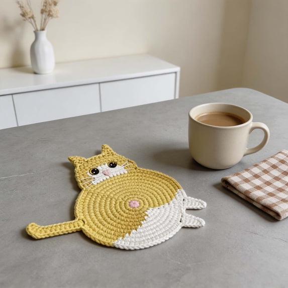 geerera 1 Pack Crochet Cat Coaster, Handmade Woven Cotton Drink Mat, Cute Animal Shape Cup Pad for Coffee Mugs, for Home Kitchen Tabletop Decor Supplies